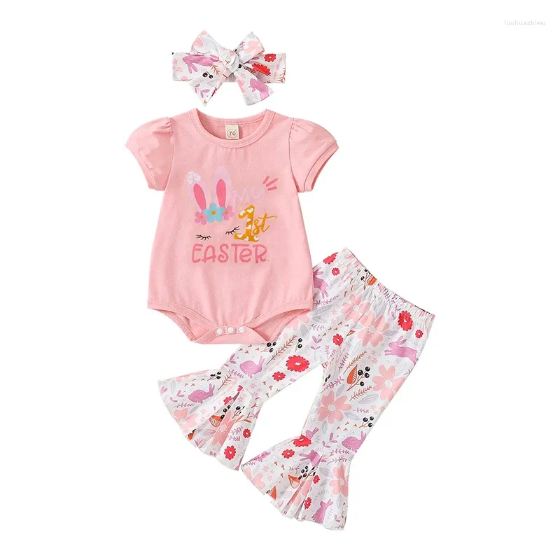 Ensembles de vêtements tenue de Pâques pour tout-petit gamin filles à manches courtes t-shirt couw t-shirt élastique pantalon évasé pantalon arc