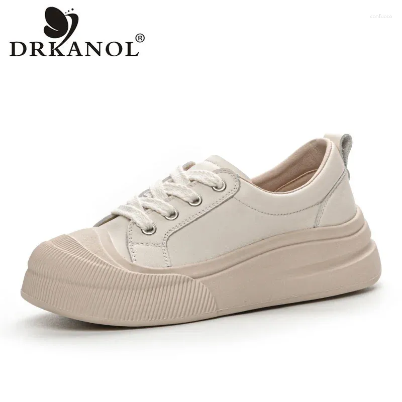 Casual Shoes Drkanol Concise Sneakers Women Flat Platform Spring Lace-Up äkta läder Akademisk stil Lättviktskiva