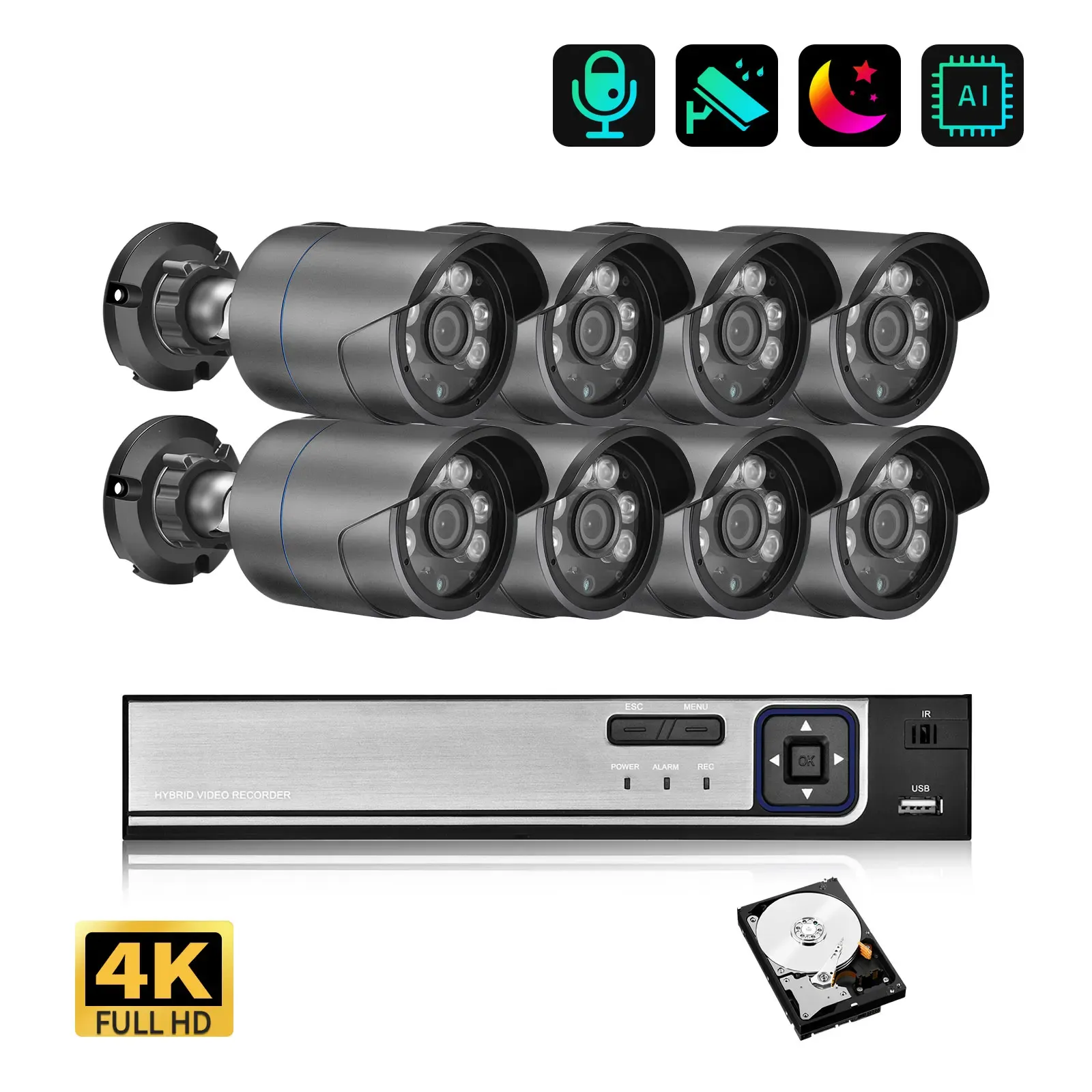 Système Azishn 8MP 4K Kit de système de sécurité Ultra HD H.265 Vision nocturne en pleine couleur P2P Set de surveillance vidéo étanche extérieure NVR