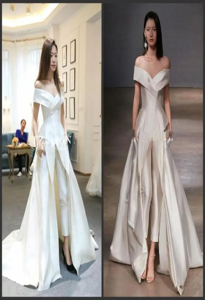 2020 Nya kvinnliga klänningar Jumpsuit med långa tågvita aftonklänningar från axel svep tåg elegant zuhair murad klänning vestidos f3182926