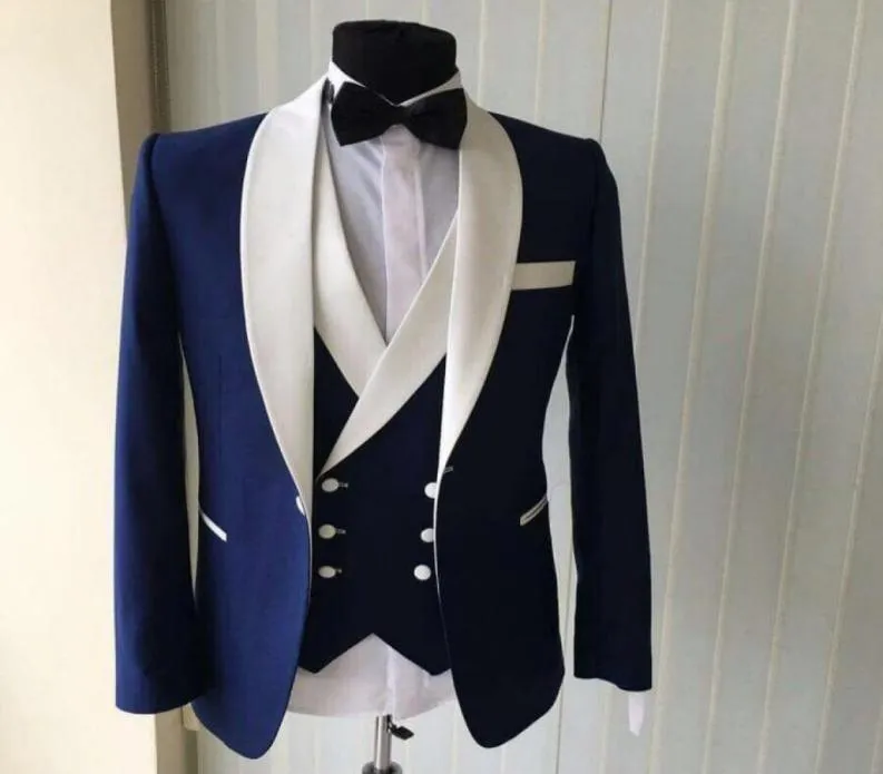 Western Style Tuxedos Costume Ocean Blue Three Pieces Suits White hacked Lapel Trim Fit Bridegroom Wedding Clothing Set One Piece3759442