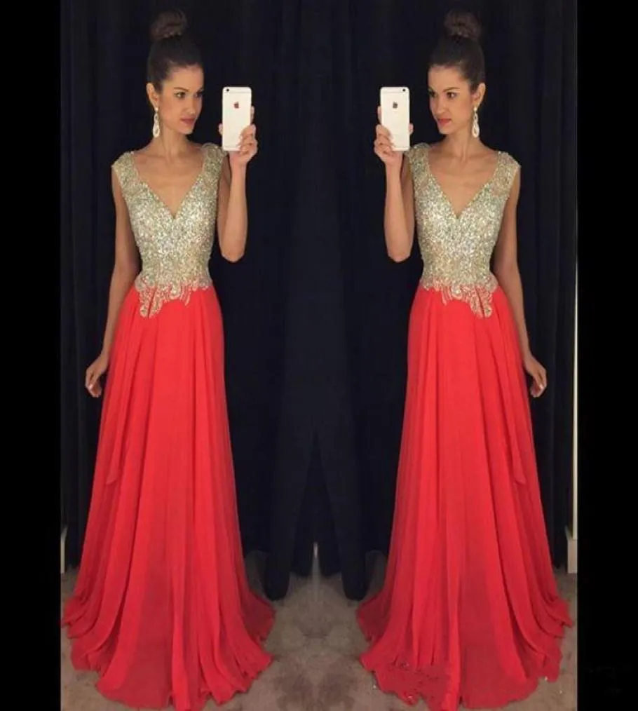 Sparkling Prom Dresses 2016 V Neck Beads on Top Sexy Back A Line Chiffon Celebrity Gowns Full Length Formal Evening Party Dresses 9972277