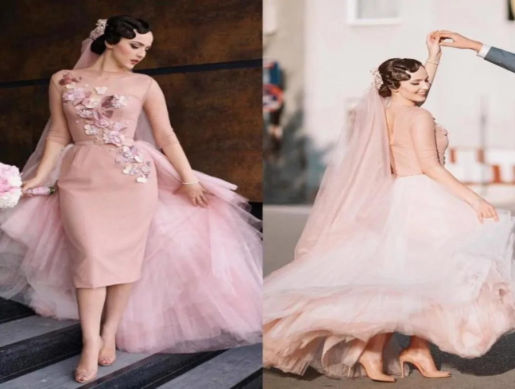 Vintage Blush Rose Longueur du genou Short Sheat Robe nuptiale Fête Forme Portez en tulle 3D Fleurs 2020 Robes de mariée avec sur-digue4647831