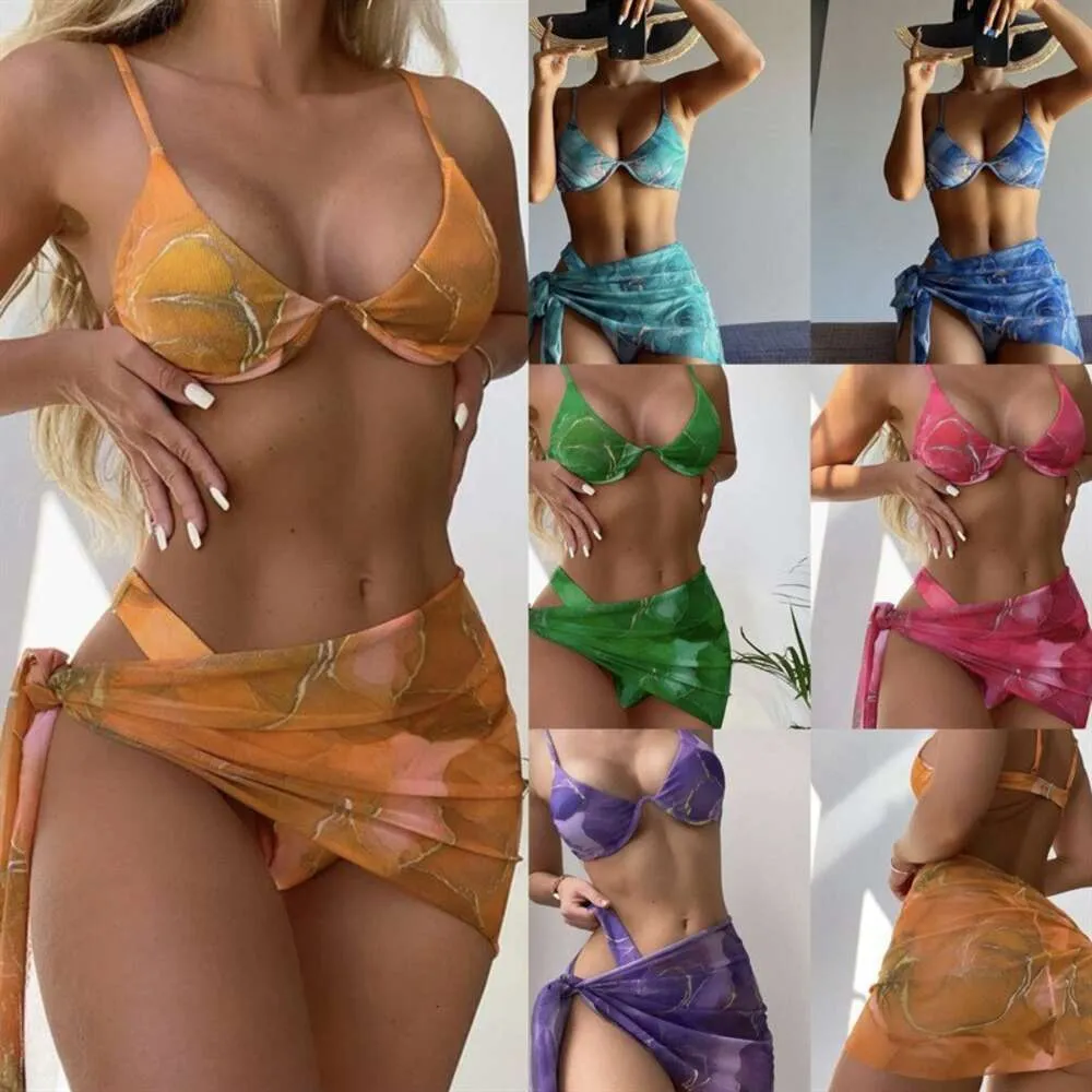 2024 New Multicolor Digital Printed Mesh Three Piece Bikini Split Swimsuit for Women
