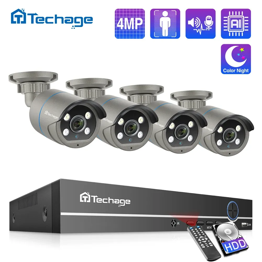 System Techage 8CH 4MP H.265 HD POE NVR KIT CCTV -Sicherheitssystem 1080p IR Outdoor Twoway Audio -Datensatz IP -Kamera -Videoüberwachung Set