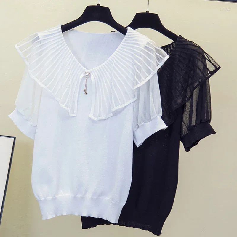 Kvinnors T-skjortor 2024 Summer Silk Knit Blus Enkel kortärmad V-ringad elegant topps modestil krage lotus y2k kläder