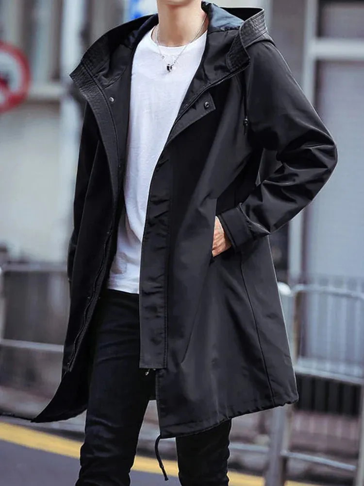 봄 가을 긴 트렌치 코트 남자 패션 후드 윈드 브레이커 블랙 오버 코트 캐주얼 재킷 240321