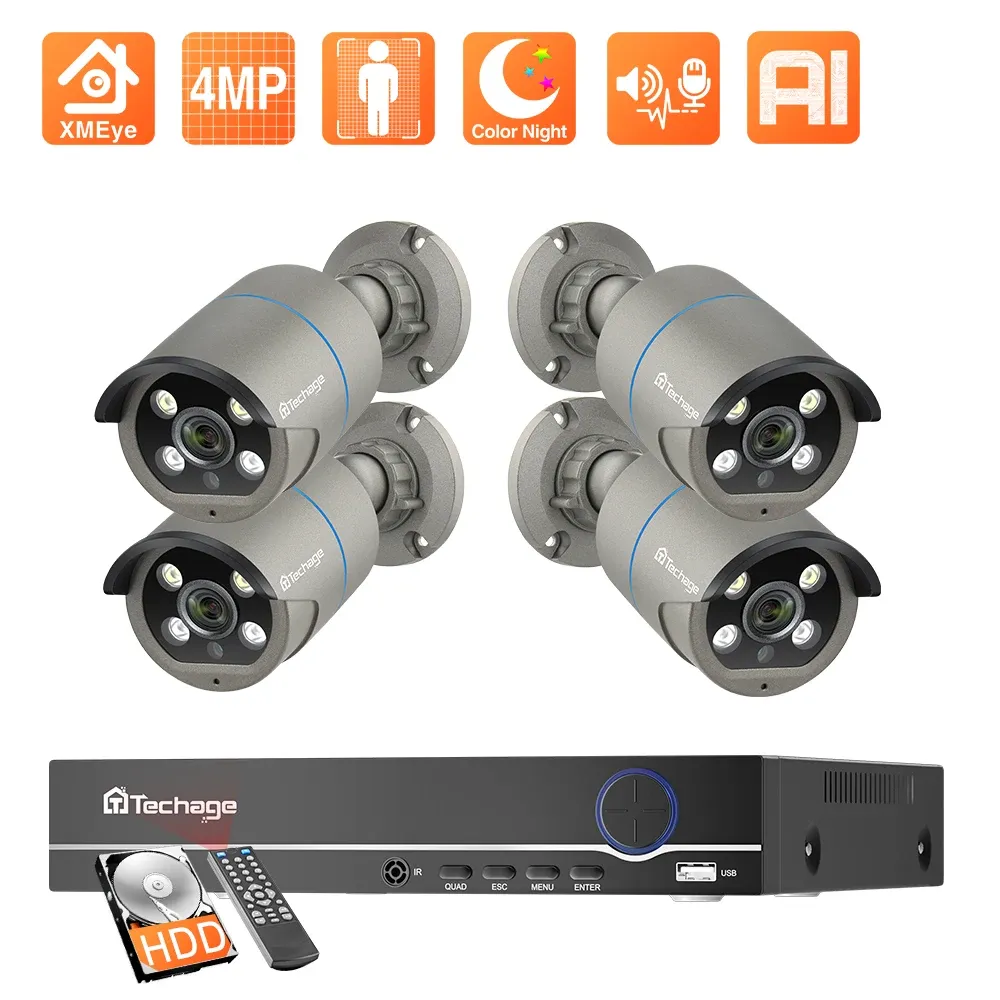 System Techage H.265 8CH 4MP Комплект камеры безопасности Обнаружение лица TwoWay Audio Color Night Vision Poe NVR Supilance Camer