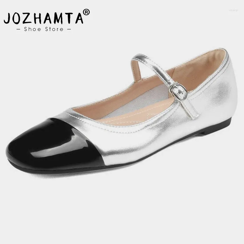 Chaussures décontractées Jozhamta Taille 32-42 Femmes Silver Mary Jane Real Leather Ballet Flats Low Talons Daily Spring 2024 Robe de bureau