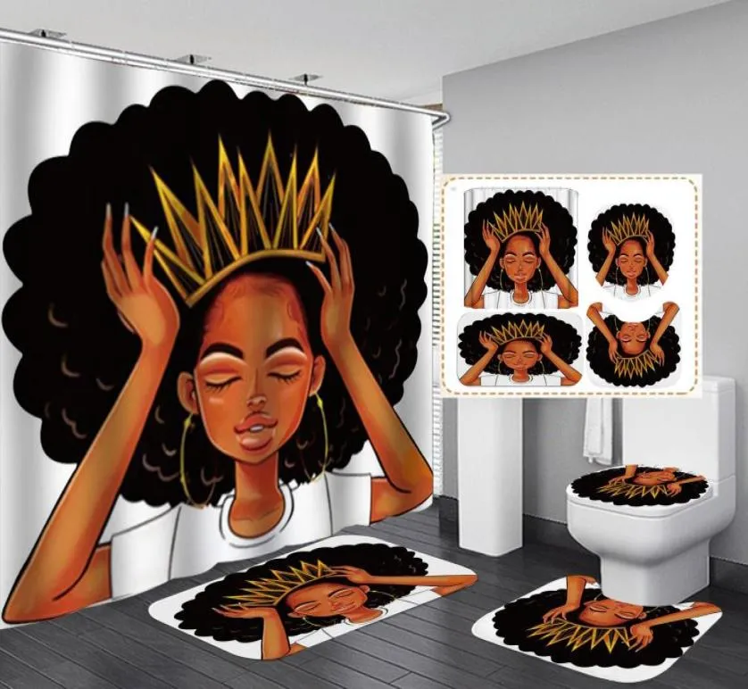 Amerikanska kvinnor med Crown Shower Curtain Afro Africa Girl Queen Princess Bath Gardiner med mattor Toalettstolskydd Set4021020