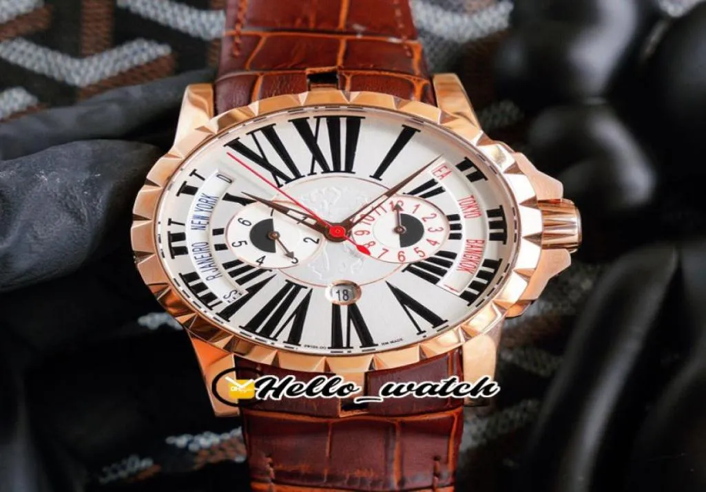 Excalibur 45 mm RDDBEX0258 RDDBEX0257 Matches blanches Diading Rome Marqueurs Automatic Homme Regarder Rose Gold Brown Le cuir brun Hwrd 2032279