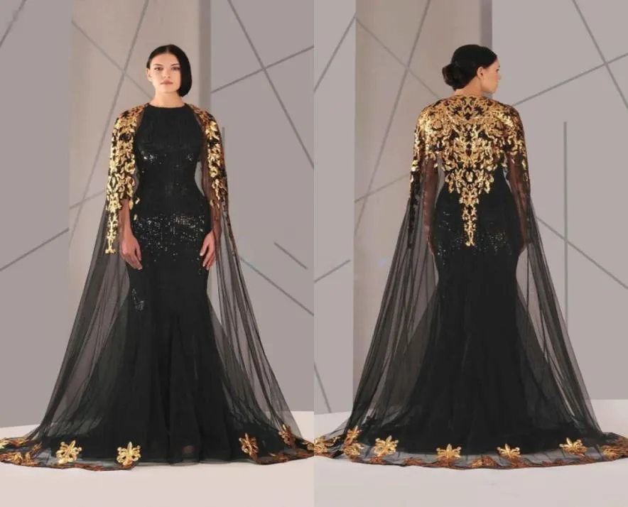 2018 Black Arabic Muslim Prom Dresses Tulle Cloak Gold and Black paljetter Crew Neck Plus Size Mermaid Formal Wear Long Pageant Prom7860846