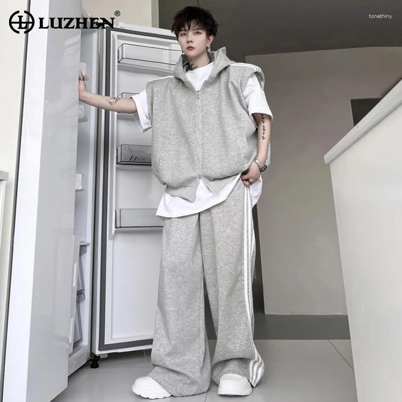 Herrspåriga Luzhen Hoodies Sweatshirts ärmlösa västar Tvådelar Set Men Trendy Street Straight Pants Stylish Clothes LZ2174