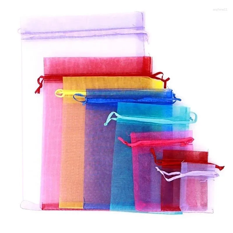 Enveloppe cadeau 100pcs Sac de fil Organza pour bijoux 24 couleurs sovstring sachets de mariage sacs de bonbons de Noël emballages