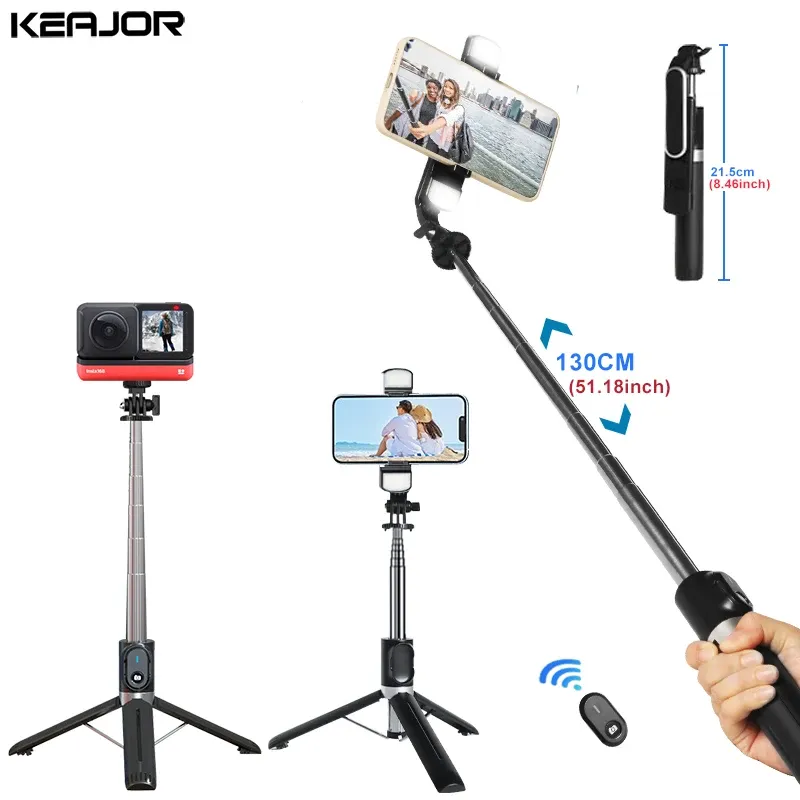 Monopods Selfie Stick met licht en Bluetooth Wireless Remote Control Foldable Tripod 360 ° rotatie selfie stick voor iOS Android -telefoons