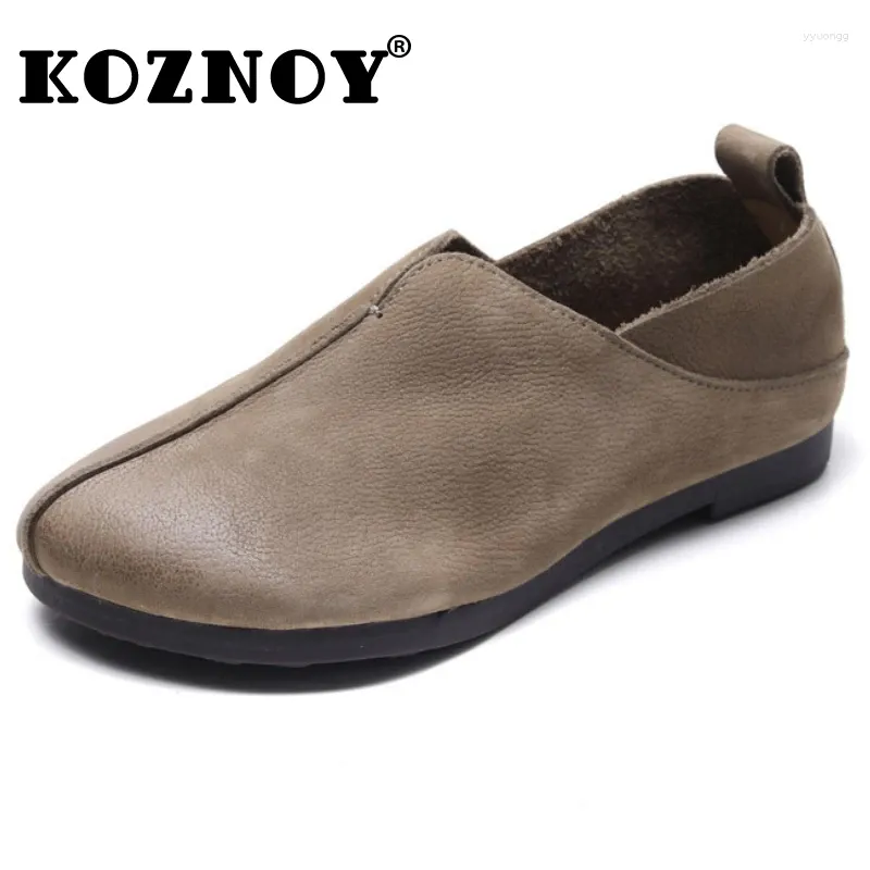 Sapatos casuais Koznoy 1,5cm de camurça de vaca genuína mulher elegância de luxo apartamentos de luxo senhoras mocassins rasos de solado macio de solado étnico