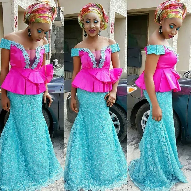 Robes deux couleurs Aso EBI Robes de soirée sur l'épaule du Nigeria Lace Applique Prom Robes Back Zipper Peplum Floor Length Made Forme