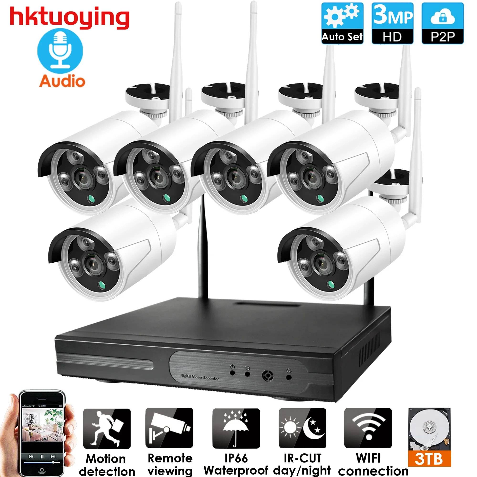 Système Plug et Play 6ch Audio 3MP HD Wireless NVR Kit P2P Indoor IR Night Vision Security 1080p IP Camera WiFi CCTV System
