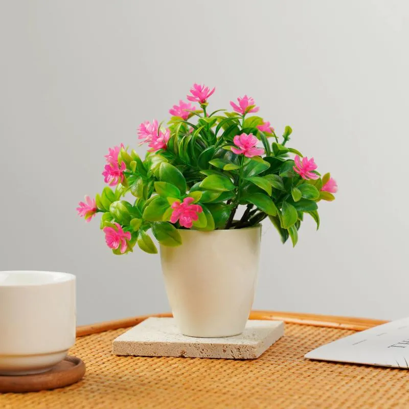 Flores decorativas Mini Little Rose Flower Bonsai Pequenas plantas simuladas em vasos para ornamentos de mesa de escritório decoração de casa de jardim