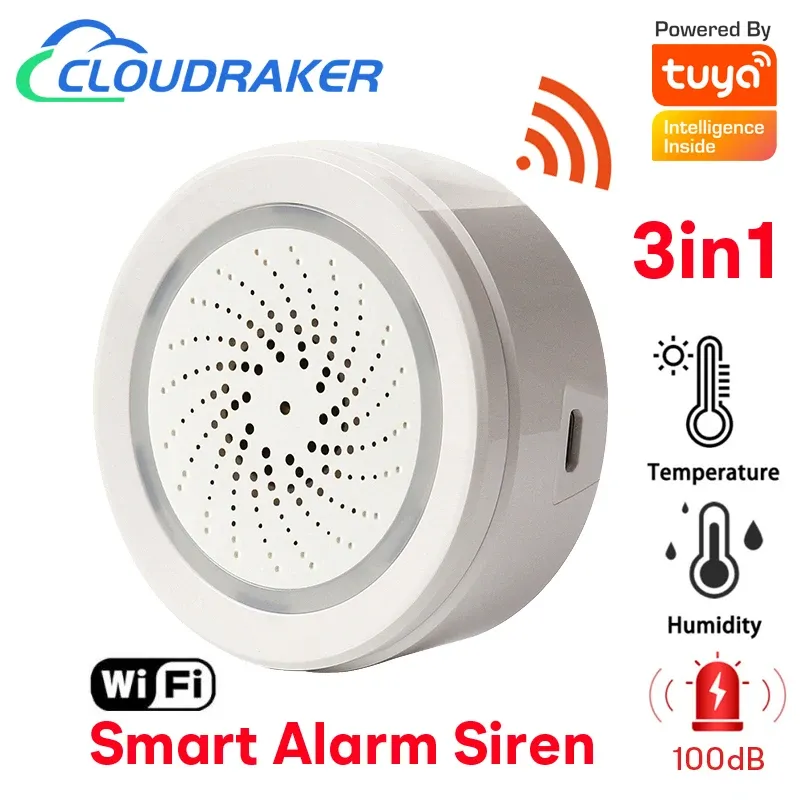 Siren Tuya WiFi Alarm Siren 100dB med temperatur- och luftfuktighet Sensor Strobe Ljusvarningar för smarta hem Automation Security System