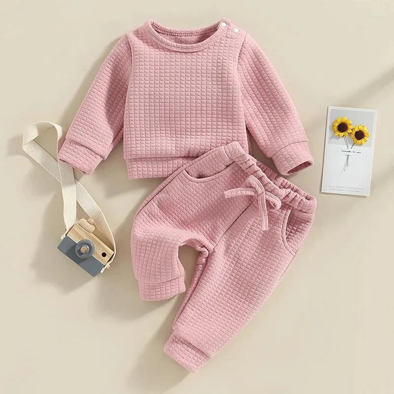 Ensembles de vêtements à manches longues pour bébés filles garçons vêtements garçons costumes de couleur de couleur solide et cordon de taille pantalon élastique décontracté 2pcs