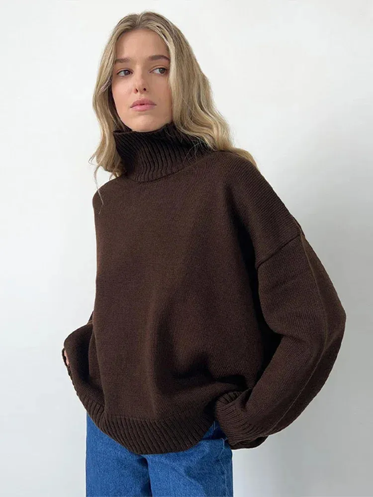 Oversized Turtleneck Sweaters: Womens Reddish Brown Cashmere Blend