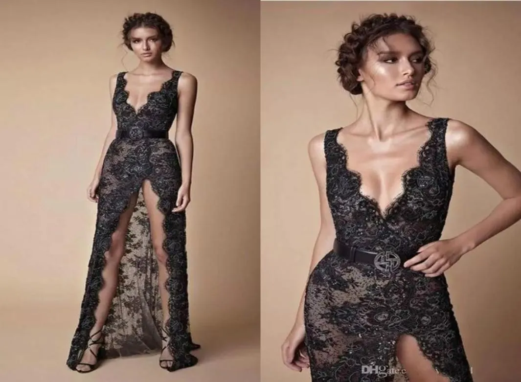 2018 Sexy Berta Prom Vestidos de encaje de encaje completo Beads Deep V Cuello delantero División Long Vestido de fiesta formal