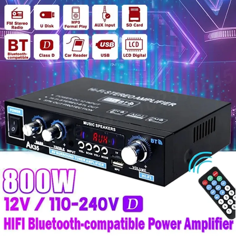 Amplificateur AK35 800W Amplificateurs d'alimentation à domicile 2 canaux Bluetooth 5.0 Sound Sound FM USB Remote Control Mini Amplificateur numérique HIFI Stéréo