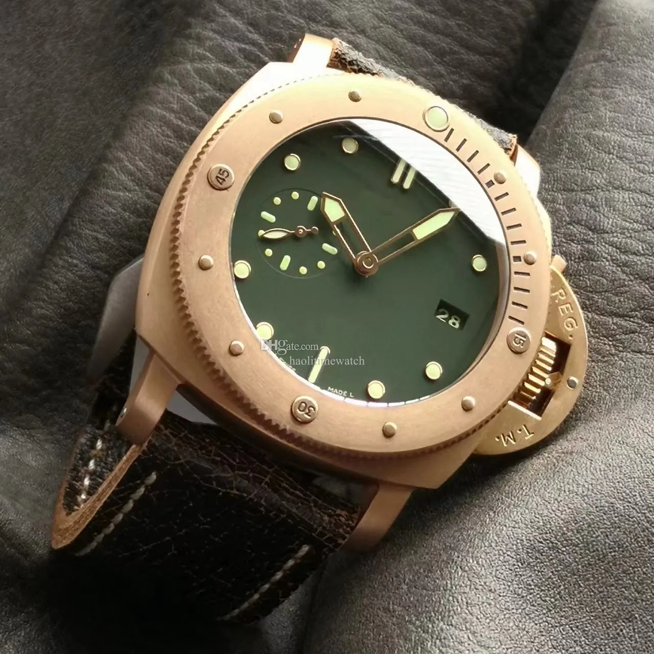 VS factory high-quality watch PAM00382 watch frosted bronze case dark brown cowhide strap green dial Cal.P.9000 automatic mechanical movement 47MM