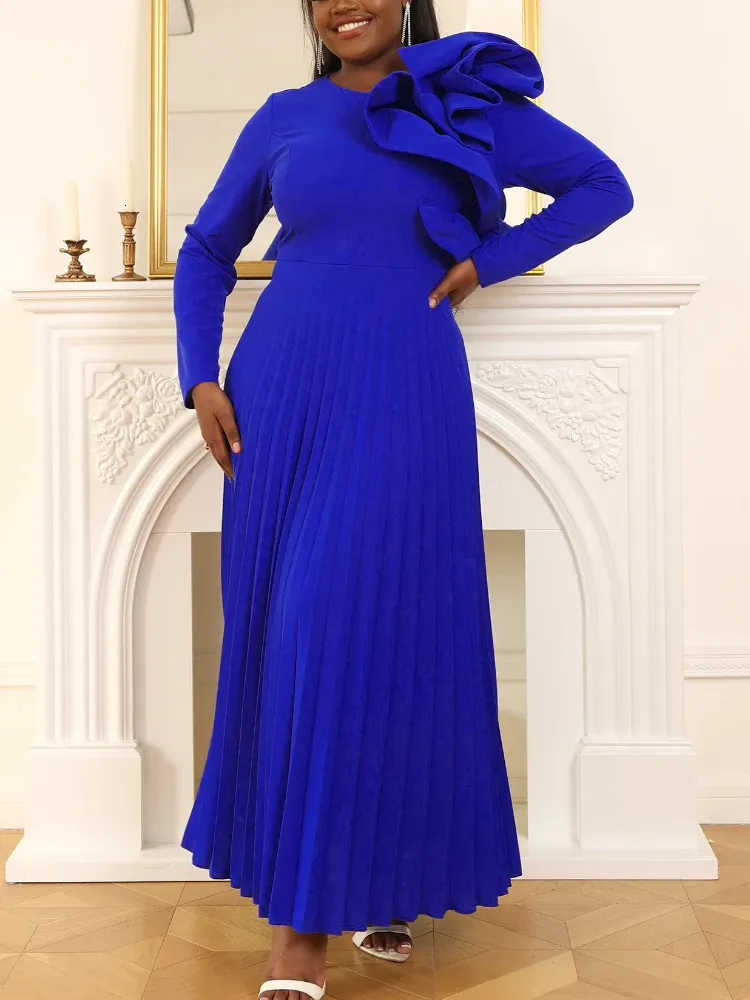 Womens Vintage Navy Blue Long Dresses for Party Evening Modest Pleated A Line Long Sleeve Asymmetric Ruffle Swing Dress Spring 240320