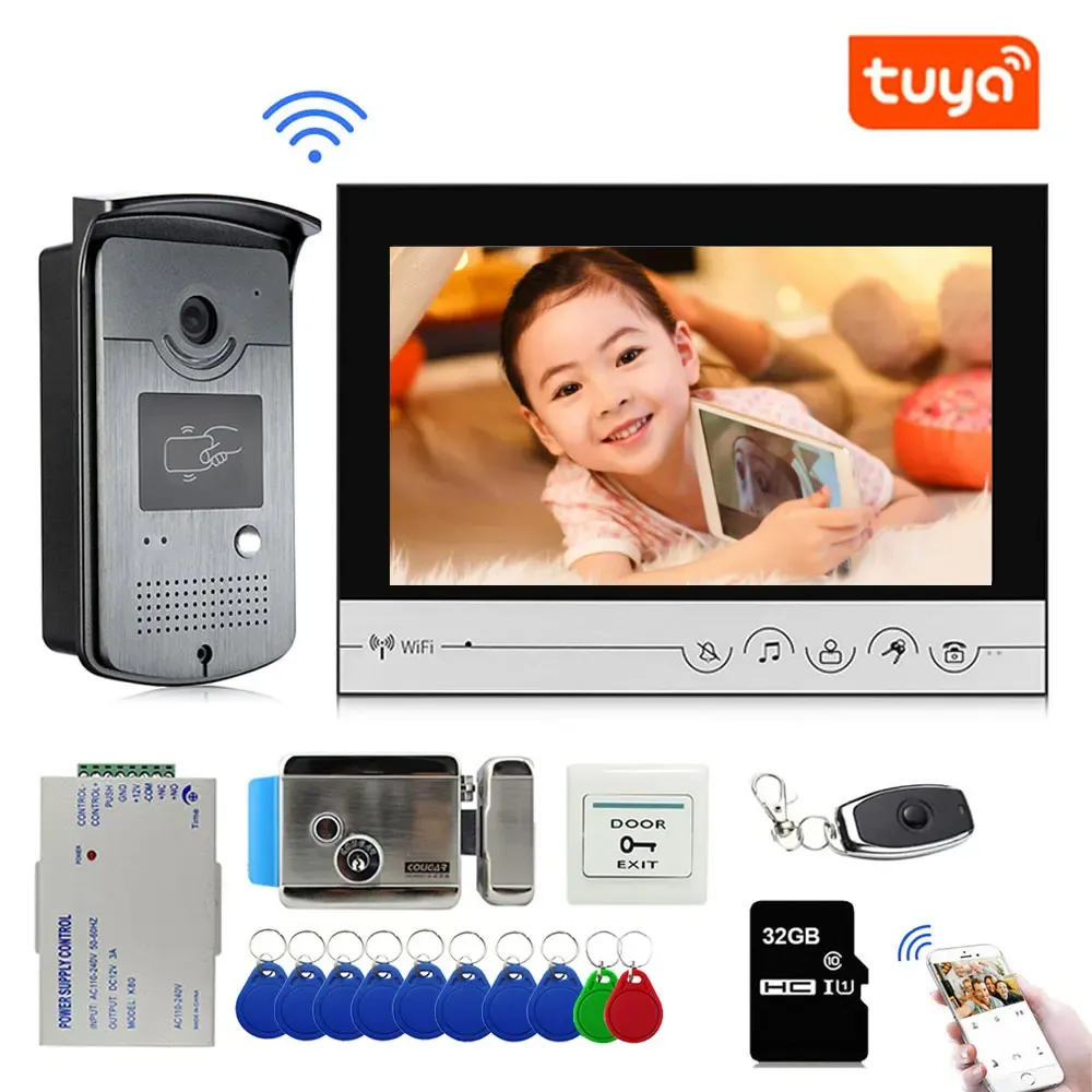 Intercom 9 Inch Tuya Wifi Smart Video Door Phone Intercom System With 1Monitor and Doorbell Camera and 1 Lock Set Phone APP Unlock