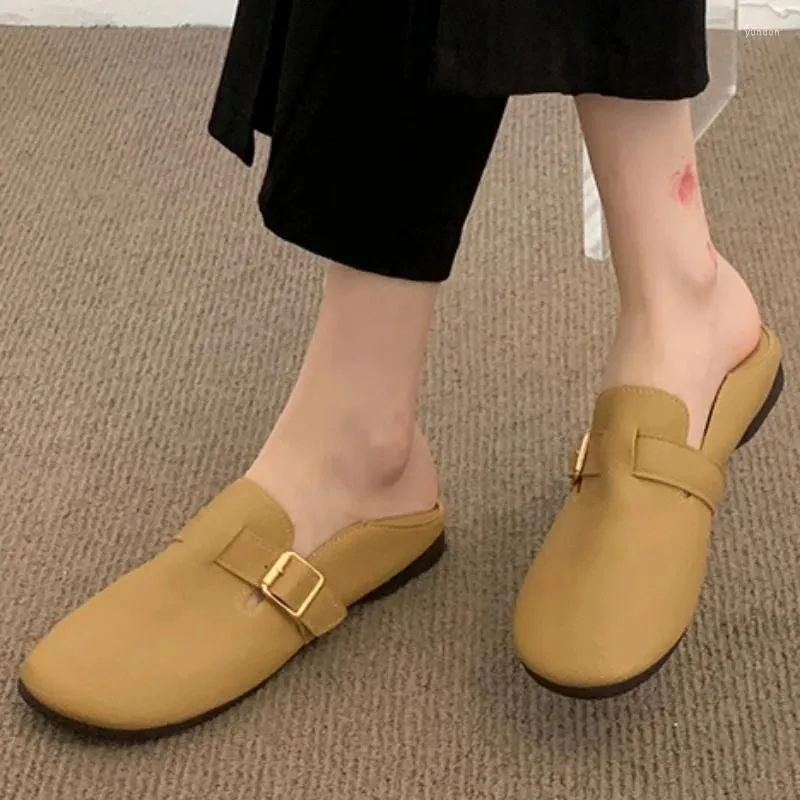 Casual Shoes for Women 2024 Spring and Autumn Women's Flats Solid Color Round Toe Simple One Word Buckle Zapatillas de Mujer