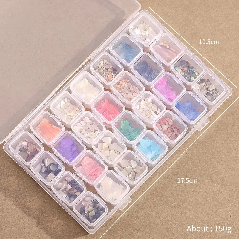 2024 Mixed 28 grid nail accessories pearl rivet steel ball shell stick gold silver foil paper nail shop jewelry box - for nail accessories