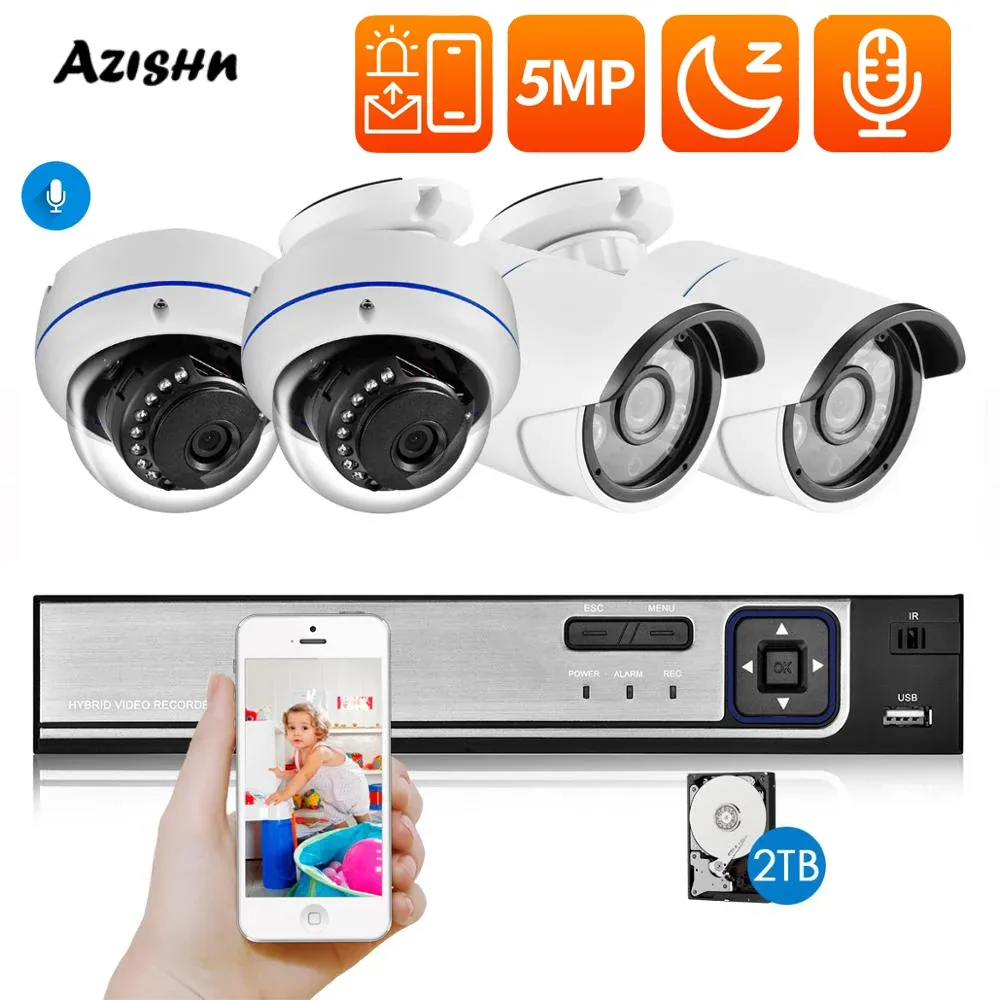 시스템 AZISHN CCTV HEMISPHERE IP 4CH 5MP POE NVR 키트 실내 실외 방수 P2P 비디오 감시 키트