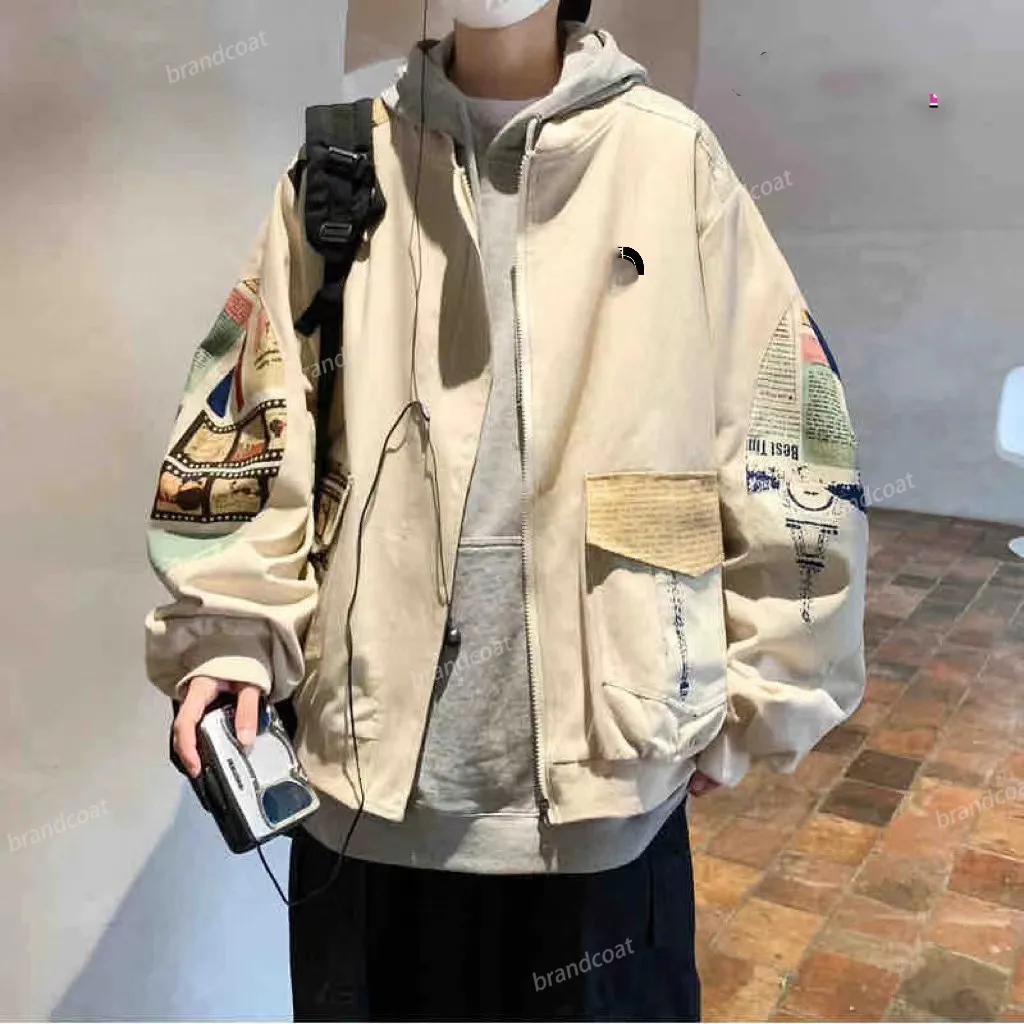 Designer northern men and women spring Khaki color lapel high quality printed splicing American retro jacket couple jacket sports casual zipper style M-2XL