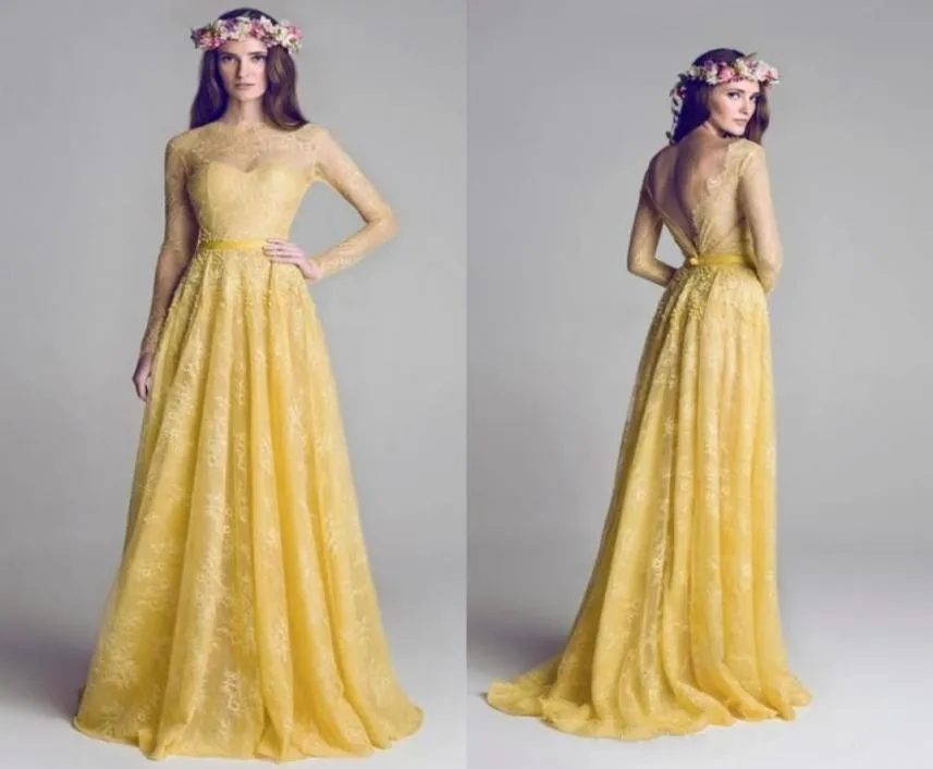 2019 Ny Yellow Lace Bohemian brudtärklänningar Långärmar Täräckade backless Long Maid of Honor Country Guest Party Dress Cheap4112113