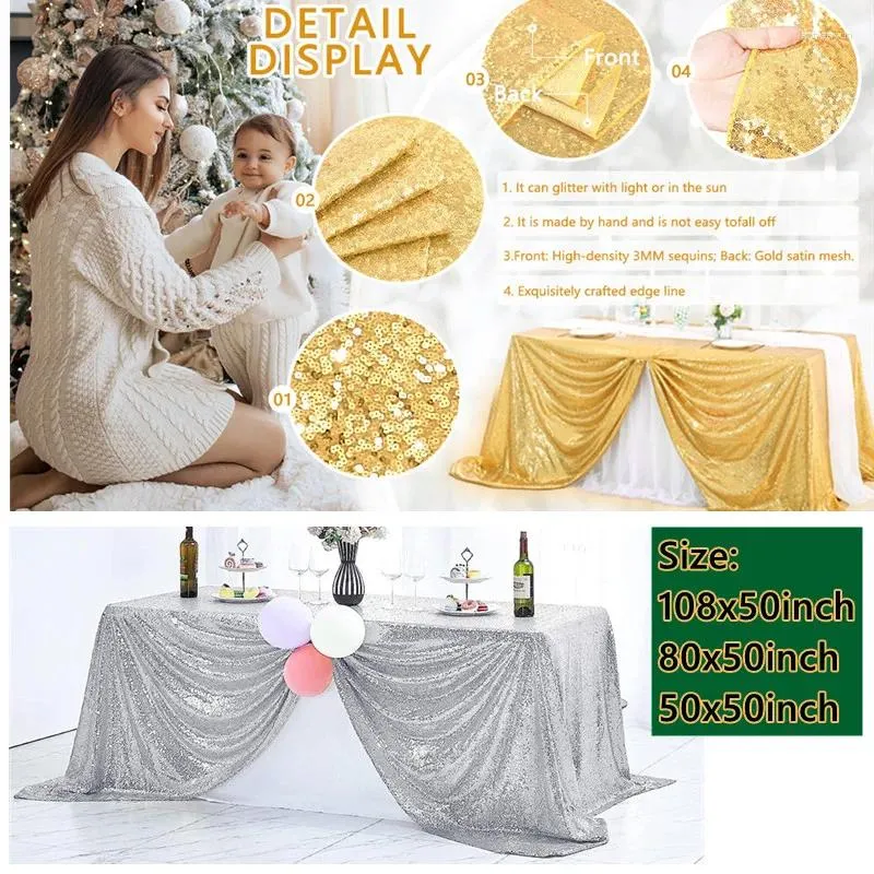 Tavolo tavolo da paillettes oro tablecloth108x50 pollici di copertina di copertina per il matrimonio di compleanno natalizio per bambini decorazione