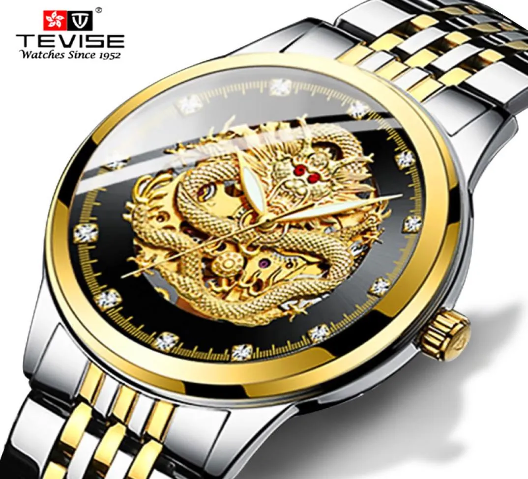 Tevise Luxury Dragon Dial Men Automatic Mechanical Watches Men Steel Band Водопродажи часов мужские подарки Relogio Masculino8230981
