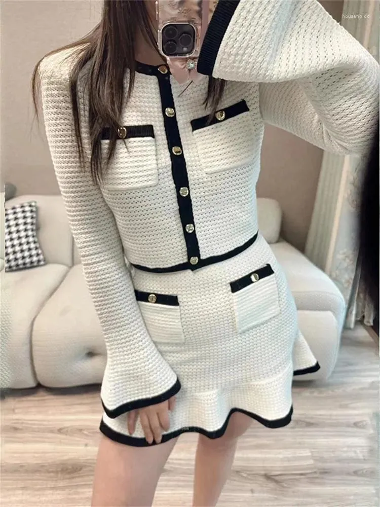Work Dresses Women White Knit Cardigan Sweater Or Mini Skirt Set Hollow Out Contrast Color Long Flared Sleeve Short Coat A-line