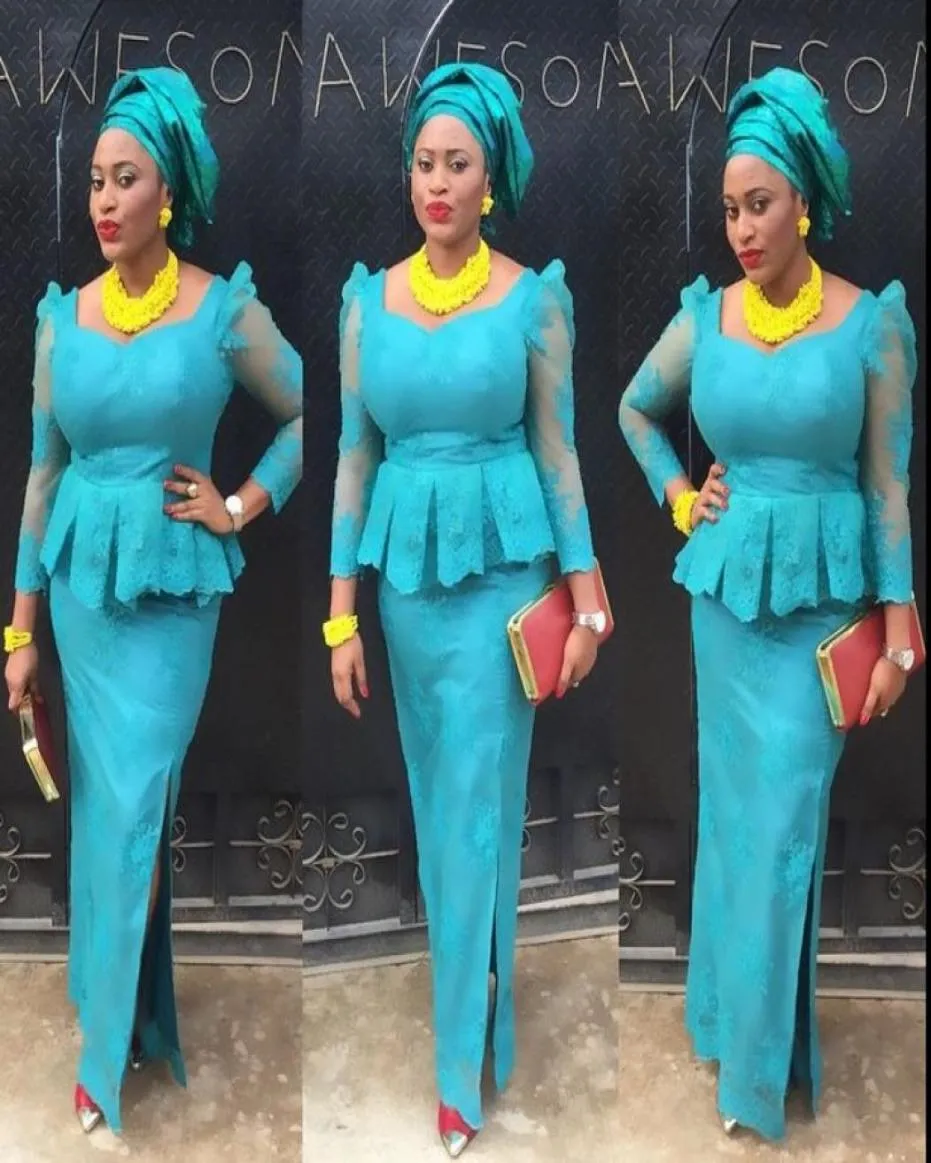 Aso Ebi Açık Mavi Denizkızı Akşam Önlükleri Sheer Nijeryalı Dantel Balo Elbise Yarım Kollu Aplikeler Yan Pilit Seksi Resmi Gowns 2720615