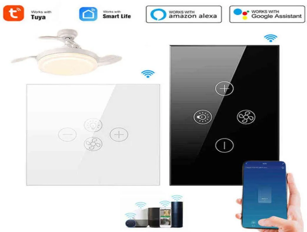 5pc tuya wifi ventilateur d'éclairage Euus App Remote Control Smart Plafond Lampe de lampe de lampe de lampe Contrôle vocal Contrôle avec Alexa Google Home W26889006
