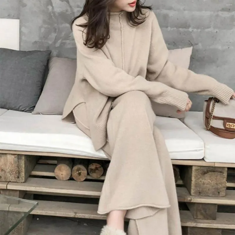 Dames tweedelige broek Winter Zwart set vrouwen gebreide losse trui pullover crop tops wide been suit vrouwelijke Koreaanse outfits