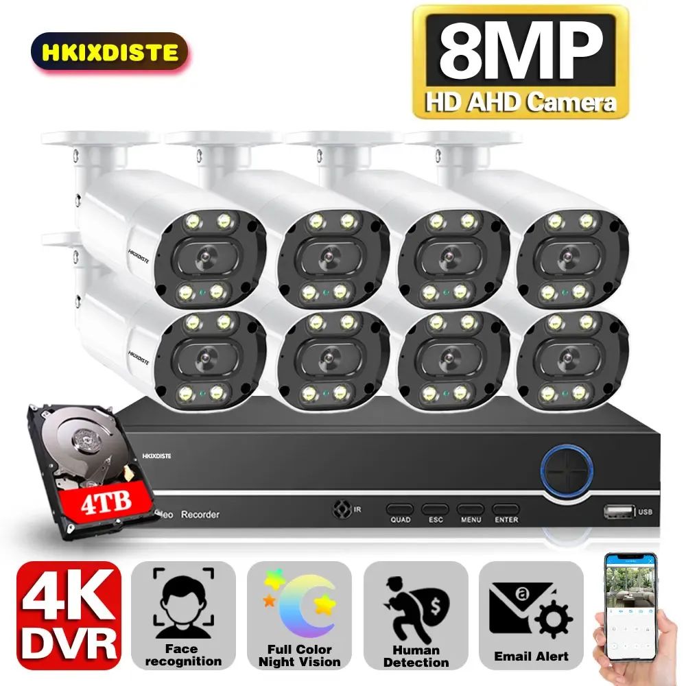 System 8MP Ultra AHD Video Surveillance System 8Ch H.265+ DVR Outdoor 4K Security Cameras System Full Color Night CCTV Camera Kits