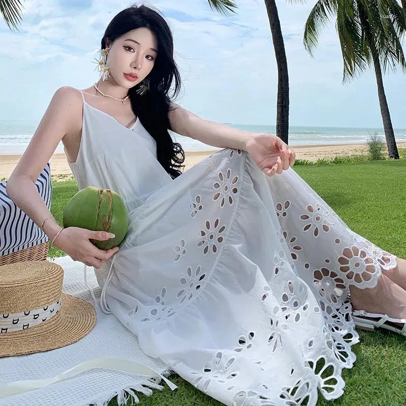 Bohemian Embroidered Hollow Sling dress - High Waist, Chic Summer Holiday Gown for Women