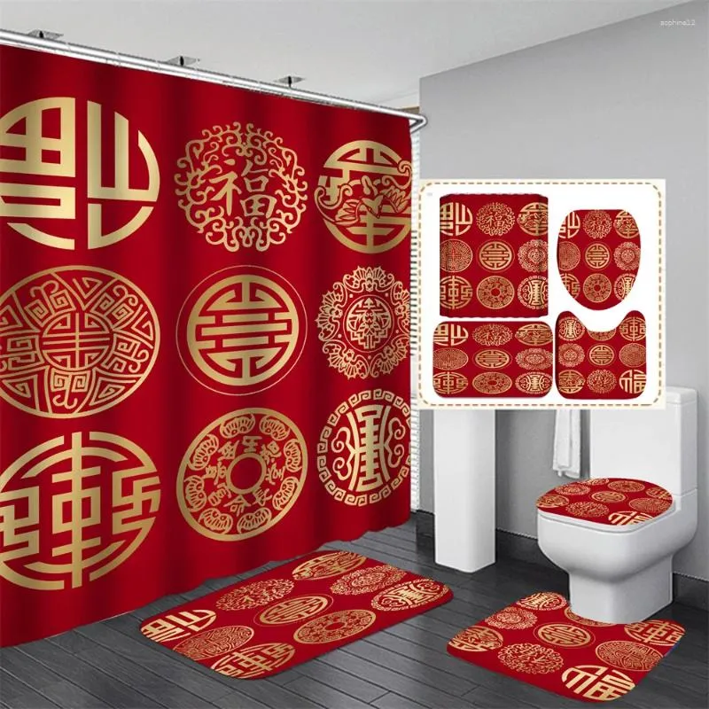Shower Curtains Red Chinese Fu Character Bathroom Curtain Set Blessing Festive Decoration