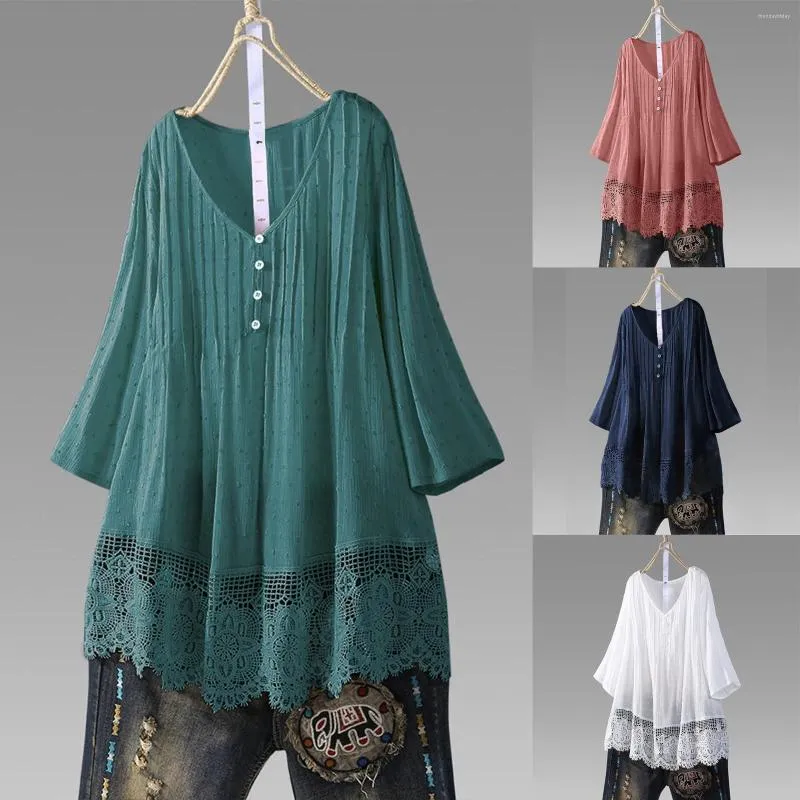 Women's T Shirts Vintage Lace V Neck Shirt Three Quarter ärmar Plus Size Top Solid Color Casual Elegant Blue for Women Summer 2024