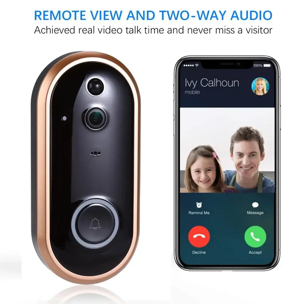 Sonnette de porte WiFi Smart WiFi Interphone 1080p Video Ring Door cloche avec caméra IR Entrée Porte alerte Sécurité sans fil Porte d'appel Video Eyes