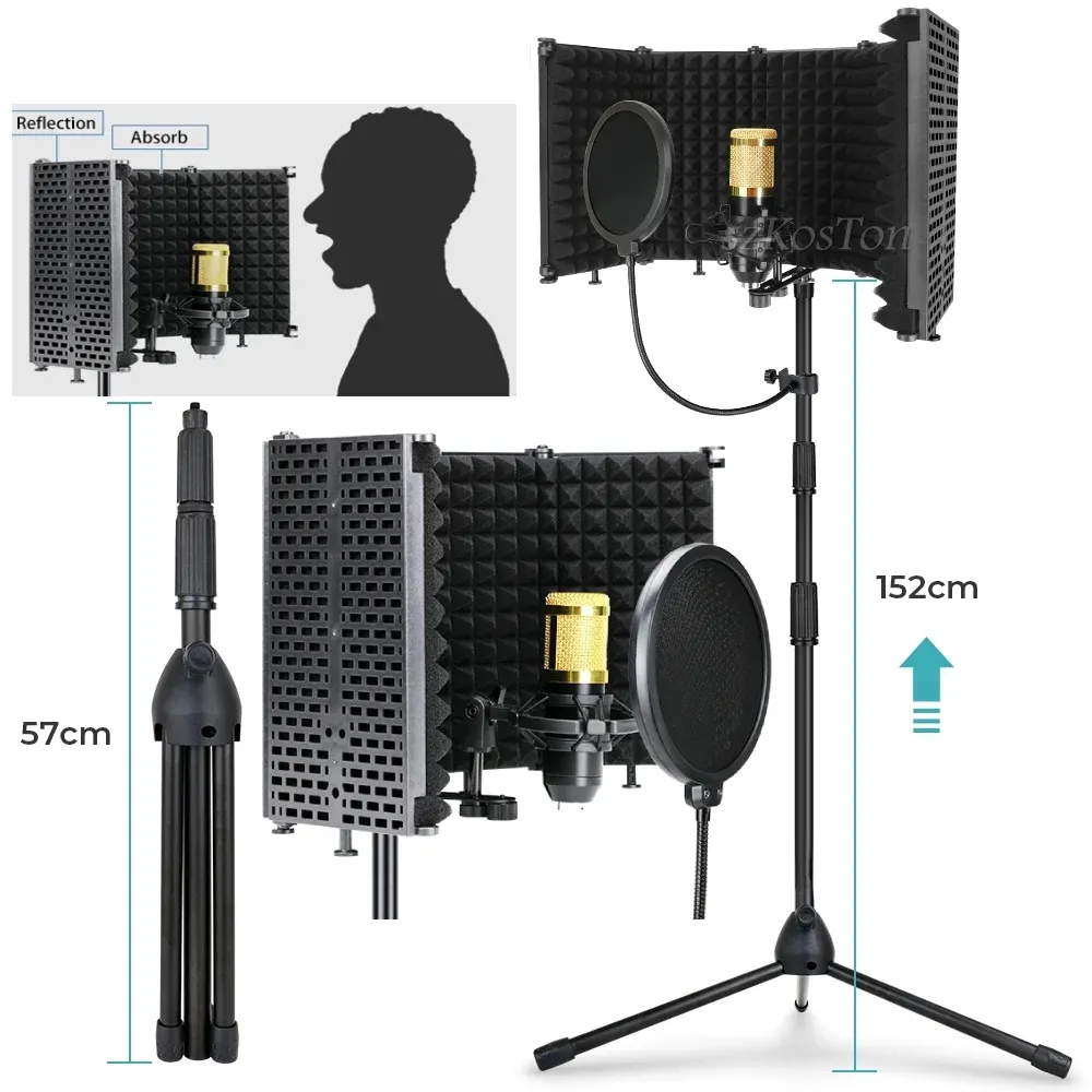 Microfones Profissão de Microfone Studio Gravação Microfone Stand Dobrável Filtro Pop Tela do vento Isolation Shield Windscreen com tripé