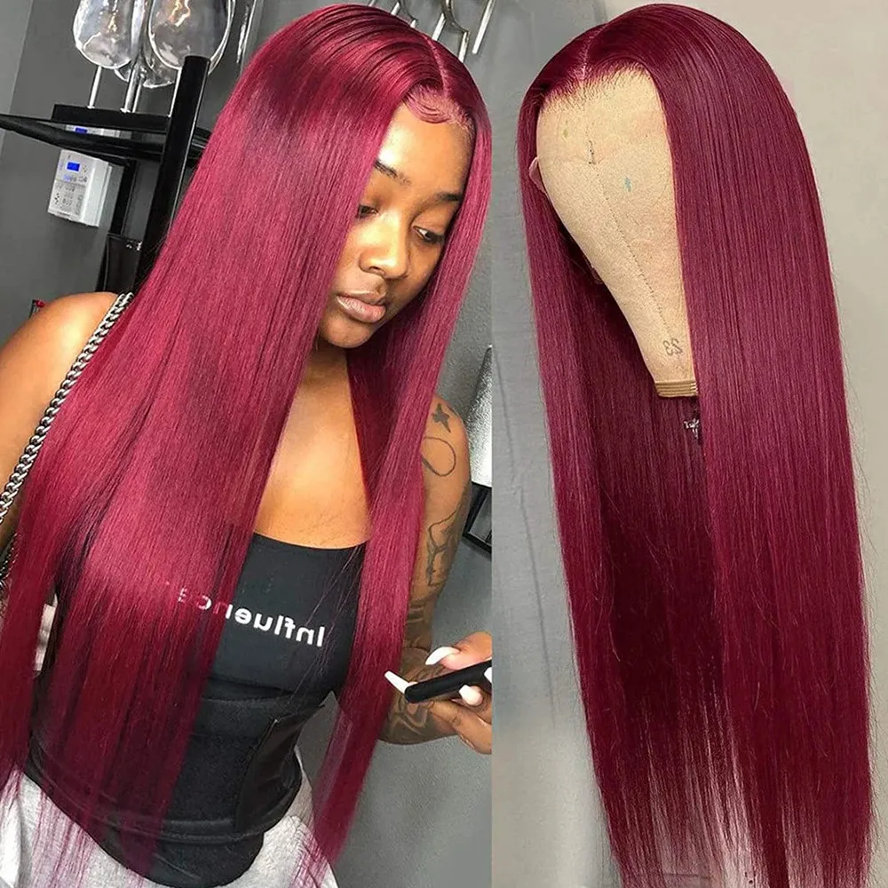 Glueless Bourgogne Lace Front Human Hair 180% Red Colored 99J Straight 13x4 HD TRANPARENT FRONTAL 4X4 STÄNGNING 240401