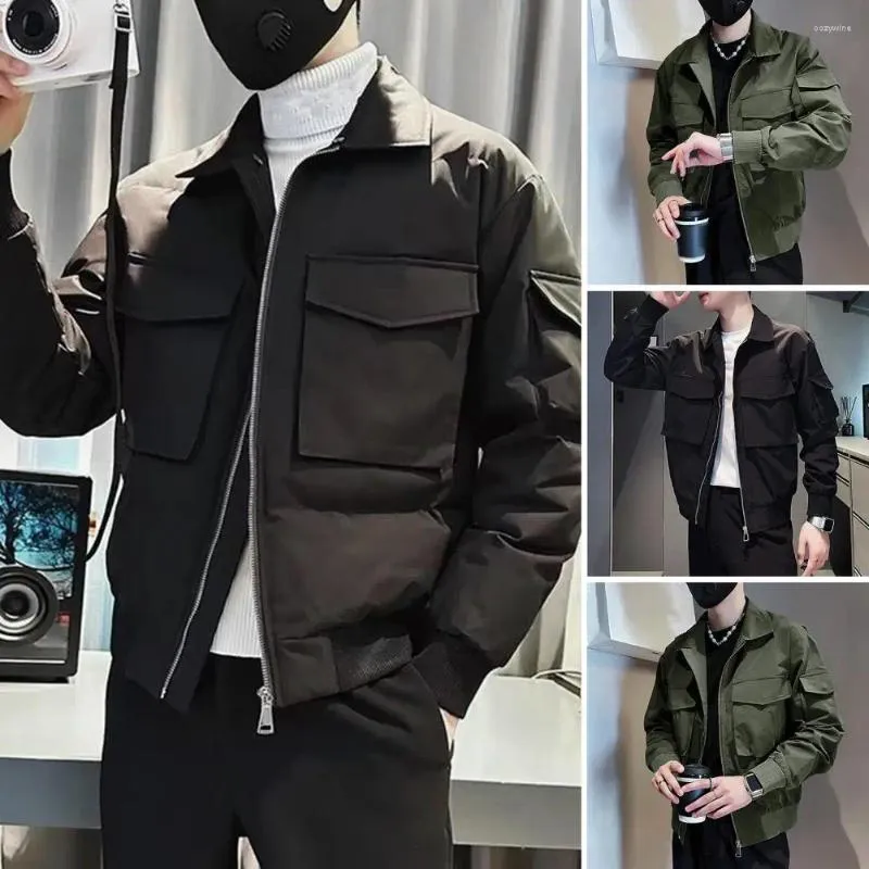 Herrjackor män avslappnad kappa hiphop streetwear jacka med flera fickor dragkedja stängning av lapel knappar fast färg för en
